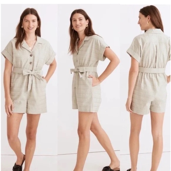 Madewell Sage Green Seersucker Romper with Waist Tie - Picture 1 of 3